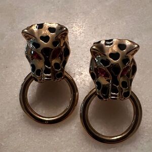 KJL Gold Leopard Head Earrings With Red Crystal Eyes